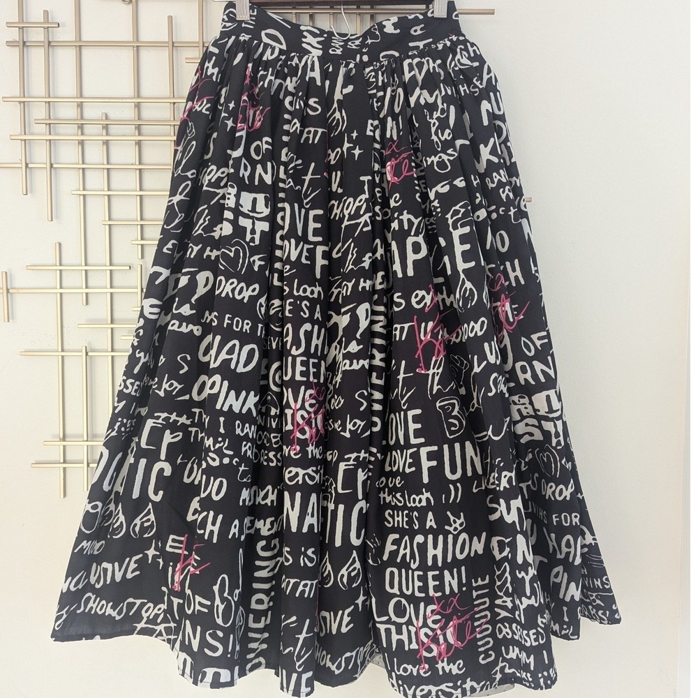 Kate Hewko Graffiti Print Skirt Black White Typography A-Line Women XS